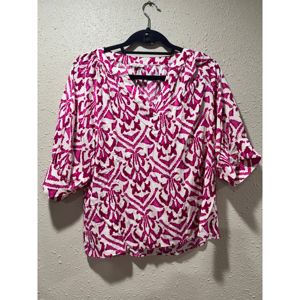 Jodifl Pink White Ikat Damask Split Neck Blouse Top Womens Medium 3/4 Sleeve